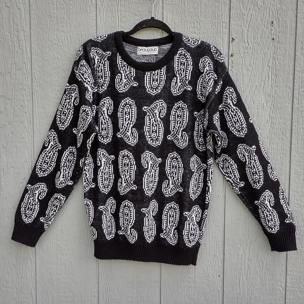 Vintage Beaucoup Paisley Black & Silver‎ Pullover M/L